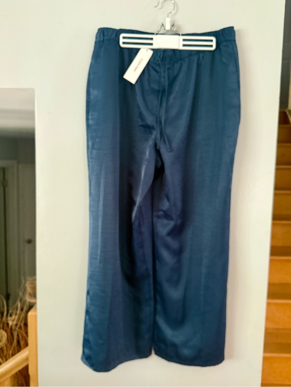 Calvin Klein Shiny Satin Wide Leg Drawstring Pull On Pants Navy Blue XL